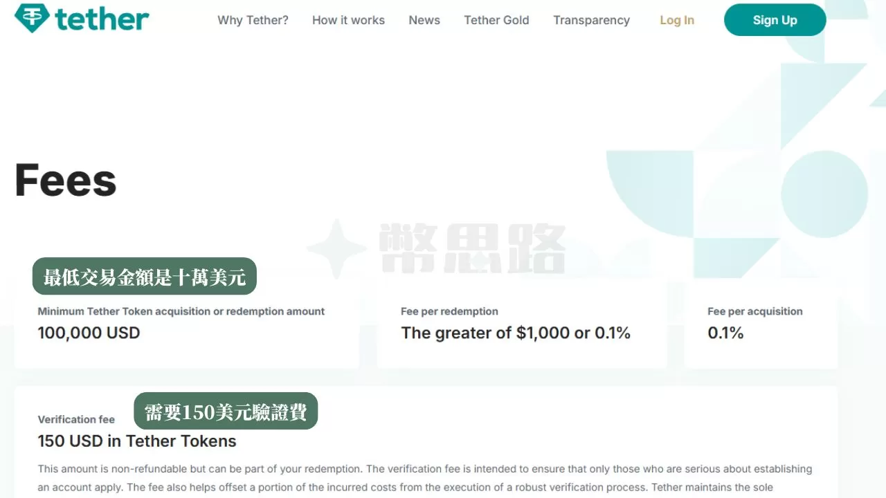 兌換USDT的官網收費圖，最低的兌換金額是十萬美元，另外需要加收150美元的驗證費