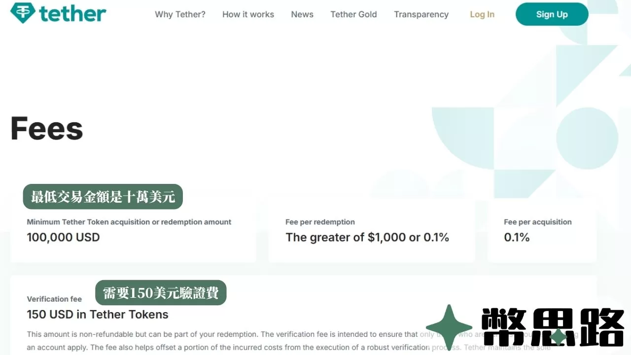 兌換USDT的官網收費圖，最低的兌換金額是十萬美元，另外需要加收150美元的驗證費