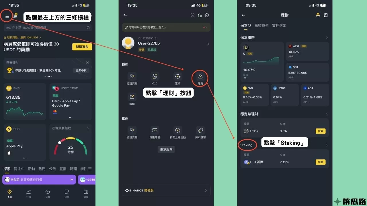 幣安的操作流程示意圖，進到幣安後，先點選左上角的三條橫槓，再來點擊「理財」，然後是「Staking」