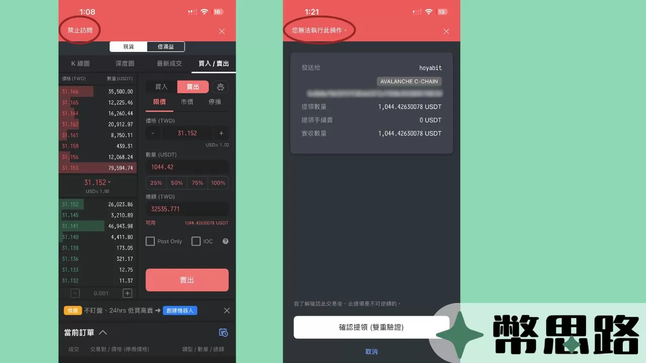 此為MAX交易所被凍結後的截圖，其中一張是想賣出加密貨幣庫存，但操作失敗，系統顯示「禁止訪問」，右圖是想要把USDT轉給其他帳戶，操作一樣失敗，系統顯示「您無法執行此操作」