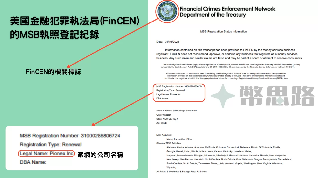美國金融犯罪執法局(FinCEN)的MSB登記紀錄，上面有紀載登記公司的名稱是Pionex