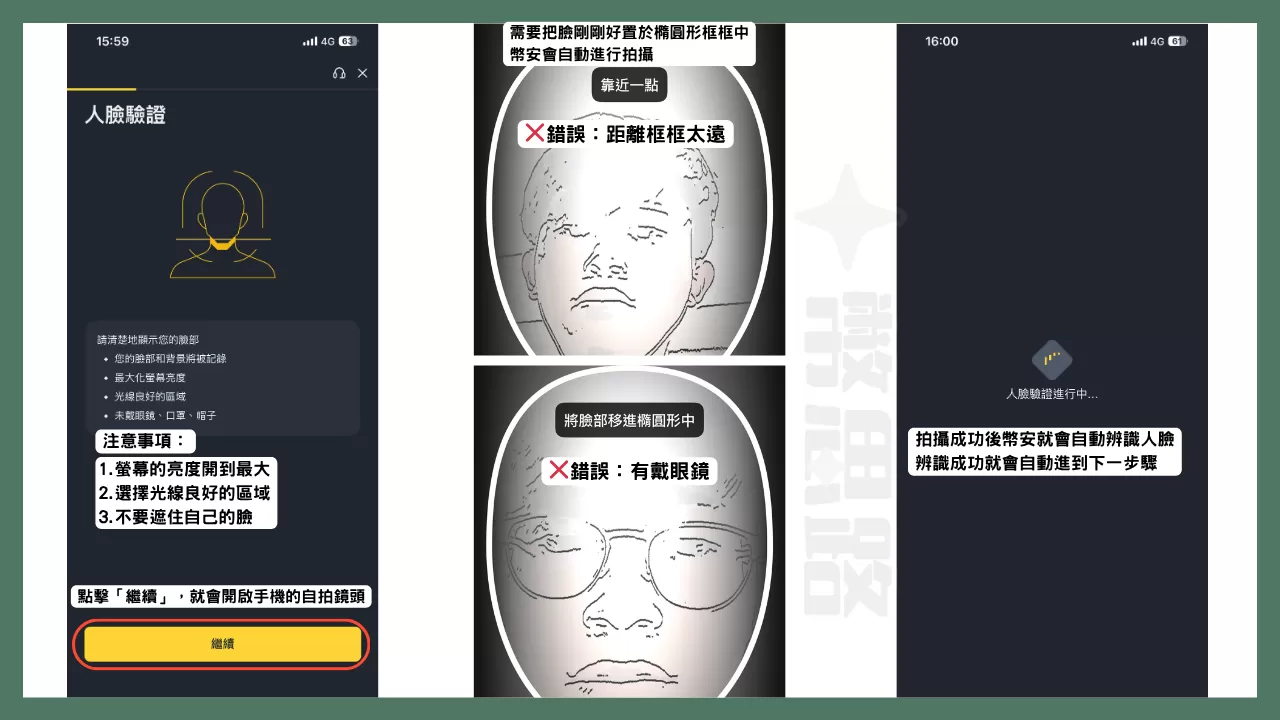 點擊「繼續」進入人臉辨識畫面,螢幕亮度要開到最大,並在光線良好的區域拍攝,另外不要遮住自己的臉(比如戴口罩、帽子、眼鏡),要把自己的臉剛好放在橢圓形框框中,拍攝成功後會自動辨識,辨識成功就會自動進入下一環節