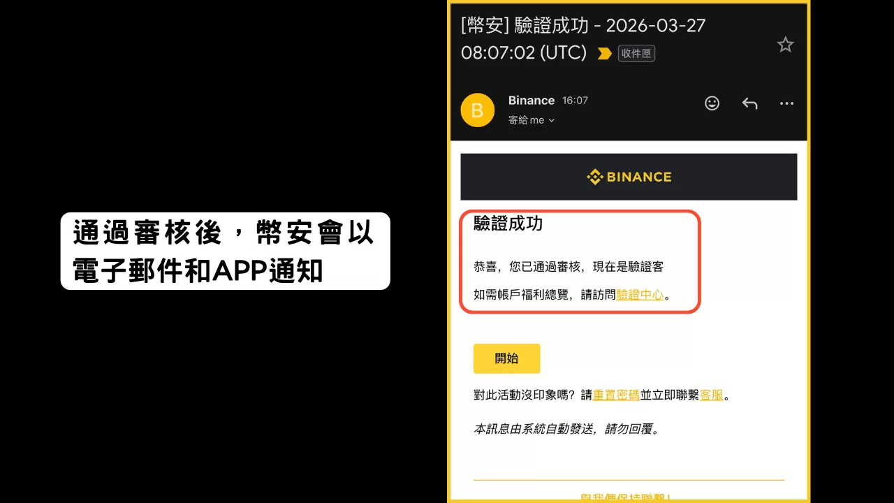 幣安審核成功的電子郵件通知