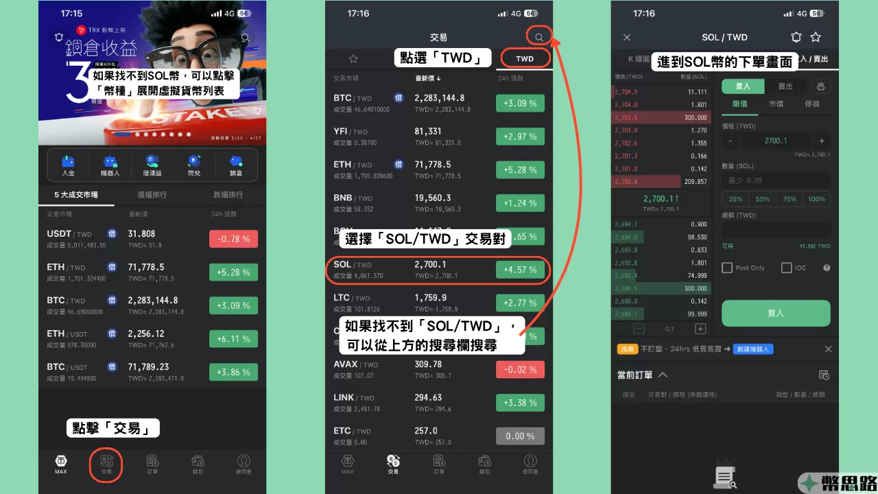 先進到MAX的主畫面，點擊下方的「交易」按鈕，在交易選單的頁面，找到並選擇「SOL/TWD」交易對，如果找不到，也可以運用上面的欄位搜尋，點擊「SOL/TWD」後，就會進到SOL幣的下單畫面