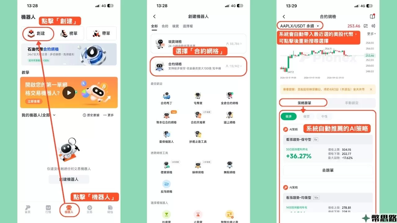 此為在派網開啟合約網格機器人的步驟圖，先點擊最下方的「機器人」，接著在新出現的頁面中點擊「創建」，就會跳到顯示各類機器人的頁面，選擇「合約網格」，就會跳到合約網格的設定頁面，左上角會顯示購買的標的，系統會自動帶入最近的選擇（圖中的選擇是AAPLX），也可以點擊該標的的名稱，重新搜尋來選擇新的標的。
下方有兩個欄位，分別是「策略跟單」跟「手動設定」，系統預設會顯示策略跟單，也就是AI自動生成的略，我們這裡要點擊「手動設定」。
