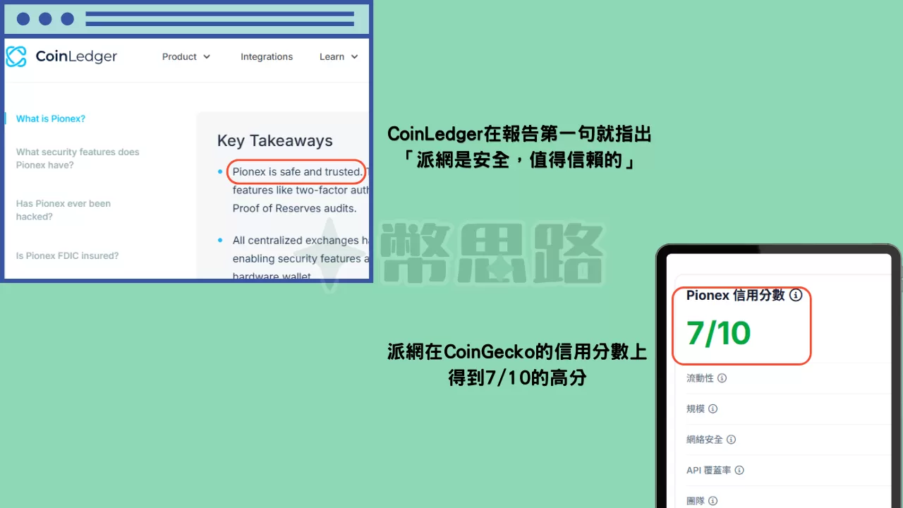 派網在Coinledger上被評為「是安全、值得信賴的」，在CoinGecko的信用分數則有7/10的高分