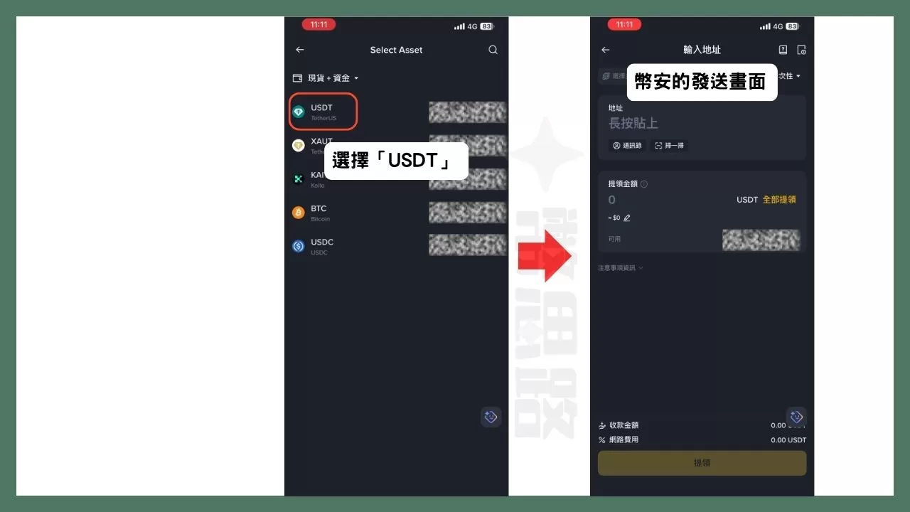 在幣安選擇發送幣種,進到發送畫面