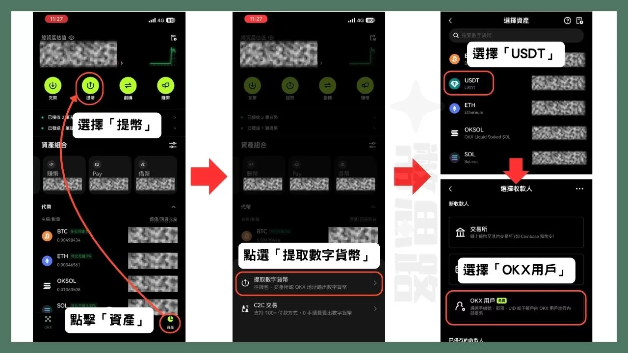 在OKX選擇轉帳幣種跟轉帳方式