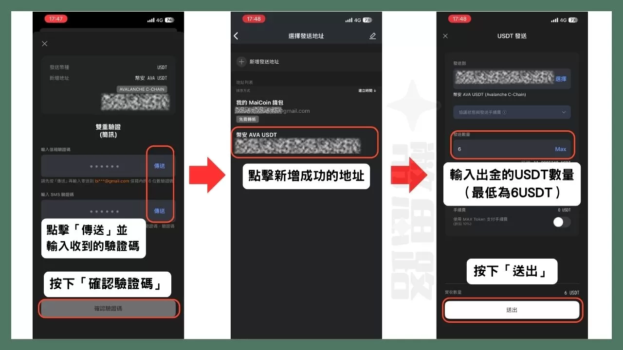 新增地址前需要再做一次驗證，請點擊輸入欄旁的「傳送」，並輸入接收到的驗證碼，最後按下「確認驗證碼」
地址新增成功會跳回地址的選擇畫面，我們點擊剛剛新增成功的地址，接著在發送畫面輸入轉出的USDT數量，至少要為6USDT，然後按下「送出」。